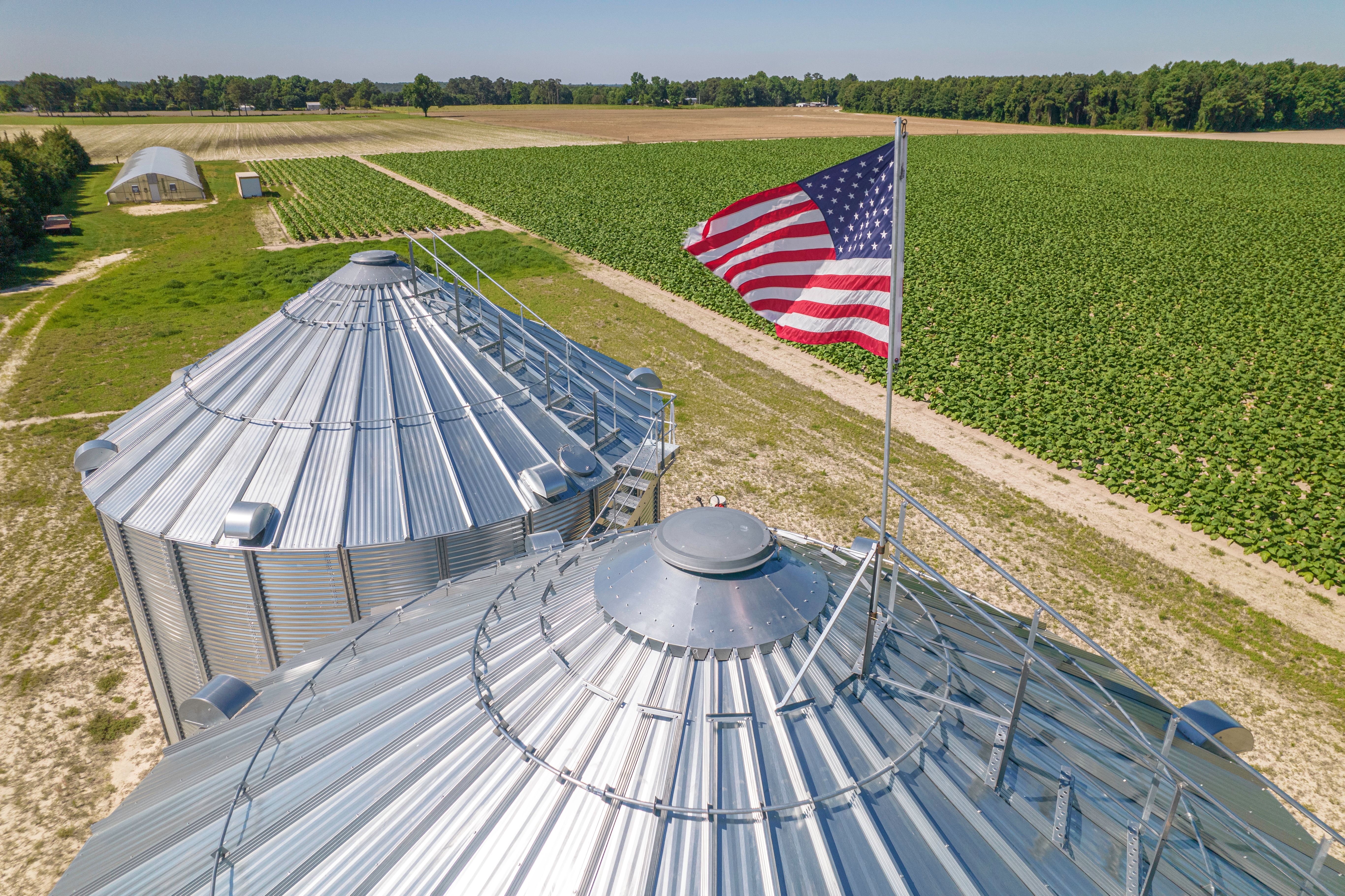 Grain elevator with an American flag