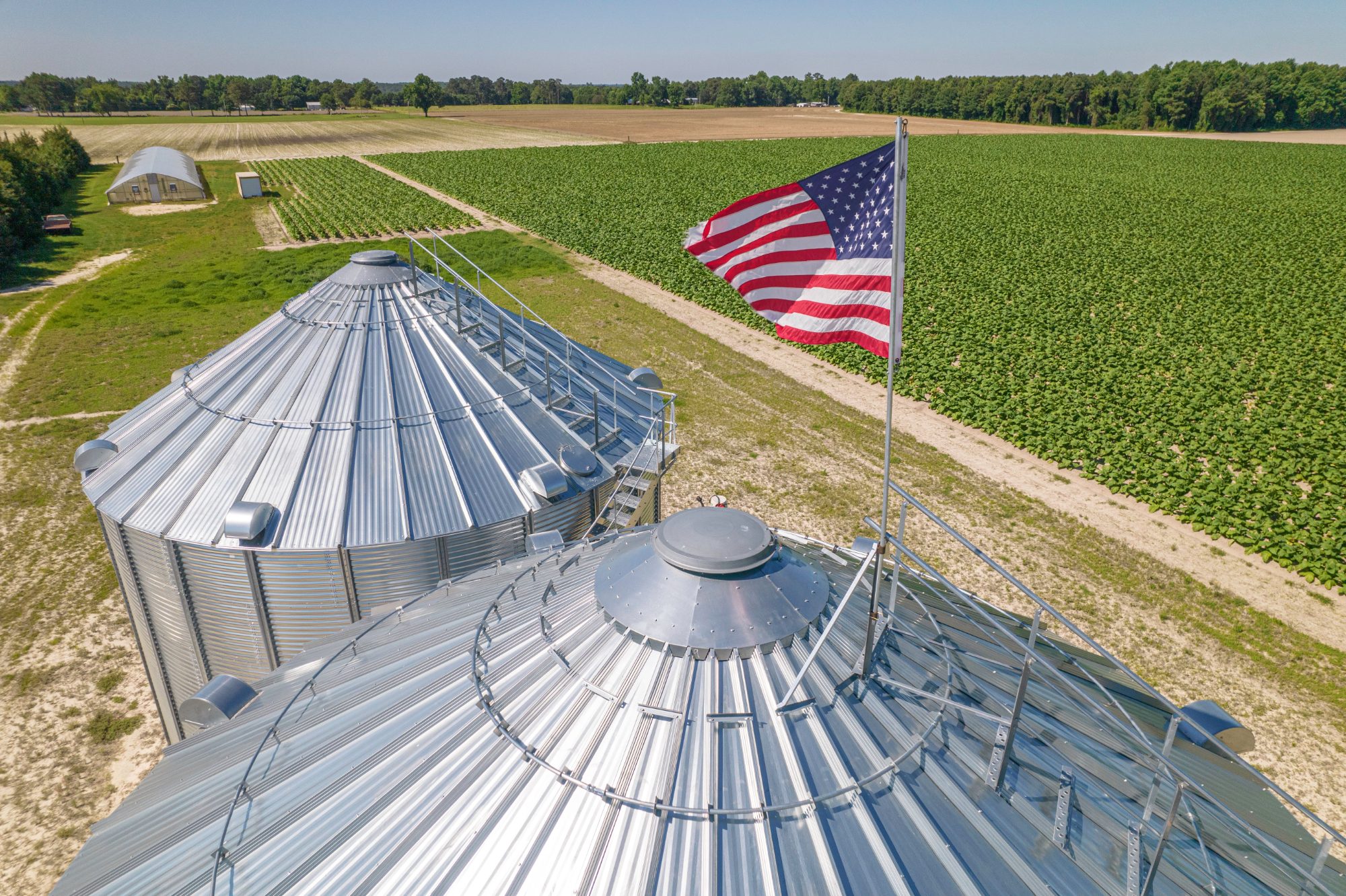 Grain elevator with an American flag